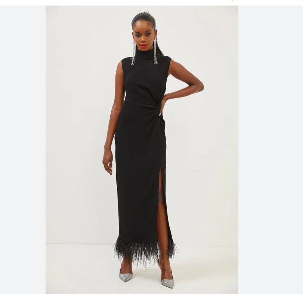 NWT Setre Black High-Neck Sleeveless Midi Dress with Feather Detail and Slit